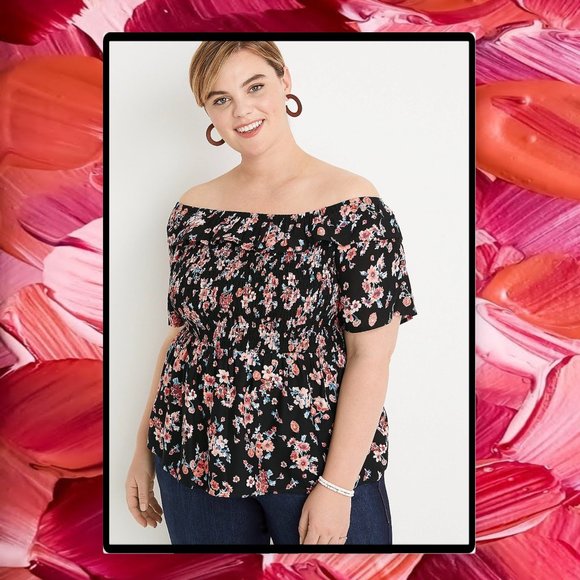 Maurice's Plus Size Black Floral Smocked Off the Shoulder Top 2X & 3X - Picture 2 of 12